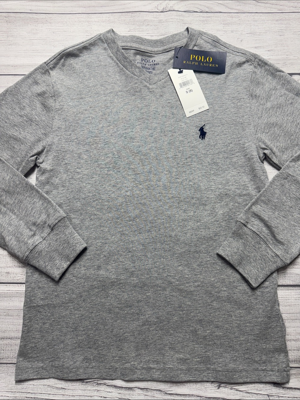 Polo by Ralph Lauren Light Gray Long-Sleeve V-Neck Tee with Navy Logo
